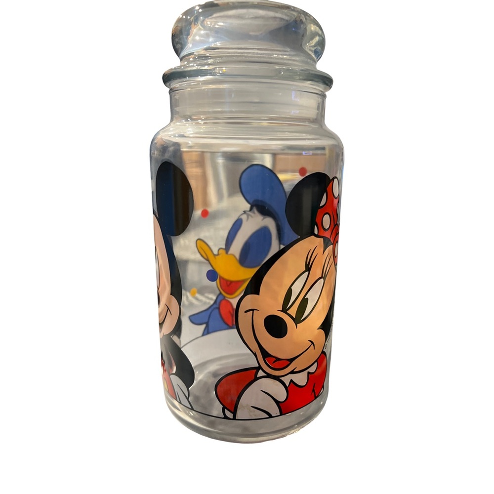 Vintage Disney Clear Jar with Lid, NEW, unused. Mickey, Minnie and Donald Design